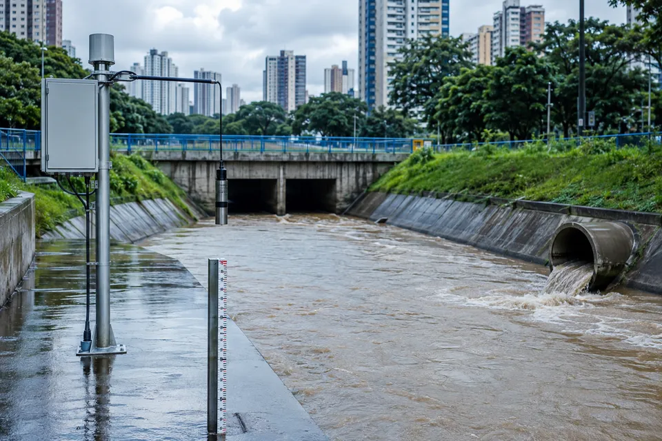 Equipamentos de engenharia hidrológica monitorando um canal urbano