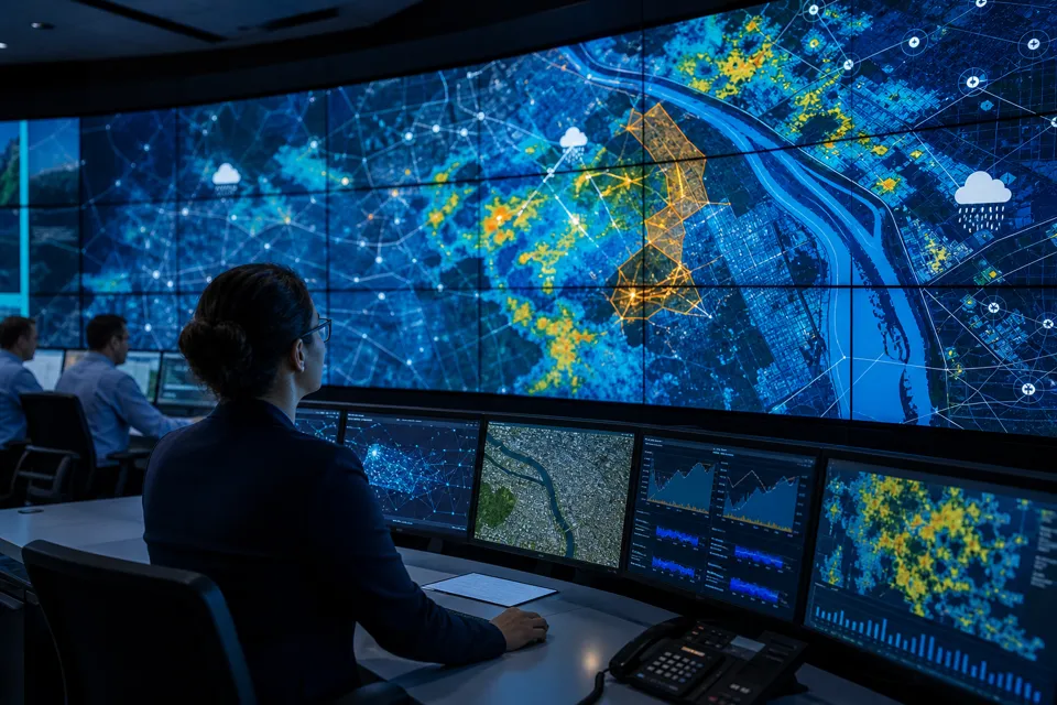 Central de inteligência artificial analisando riscos hidrológicos urbanos