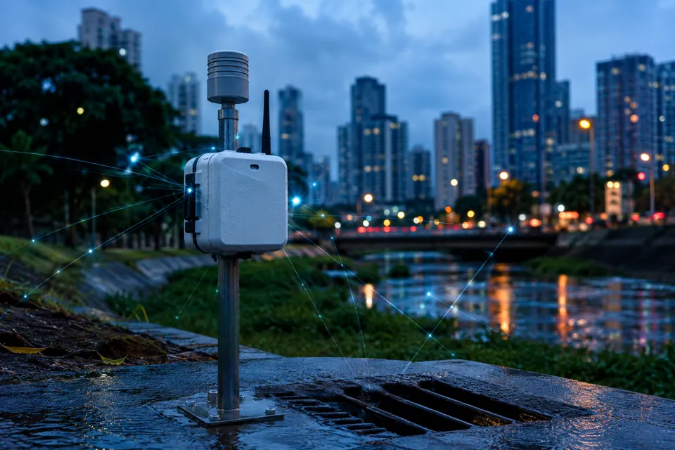 Sensor IoT monitorando chuva e drenagem em uma cidade